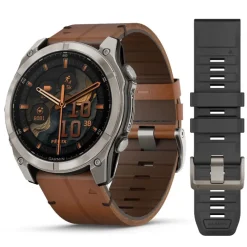 Garmin Fenix 8, 51mm Amoled Sapphire, hiilenharmaa titaani ja ruskea nahkaranneke, älykello 010-02905-40
