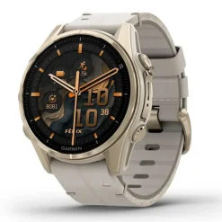 Garmin Fenix 8, 43mm Amoled Sapphire, vaalea kulta ja kalkkikivenvärinen nahkahihna, älykello 010-02903-40