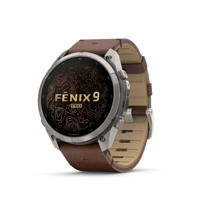 Garmin Fenix 9 Pro inReach AMOLED, 51mm, harmaa titaani ja pähkinänruskea nahkaranneke, älykello 010-04337-41