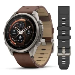 Garmin Fenix 9 Pro inReach AMOLED, 47mm, harmaa titaani ja pähkinänruskea nahkaranneke, älykello 010-04336-41