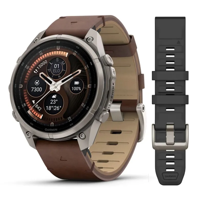 Garmin Fenix 9 Pro inReach AMOLED, 47mm, harmaa titaani ja pähkinänruskea nahkaranneke, älykello 010-04336-41