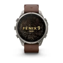 Garmin Fenix 9 Pro inReach AMOLED, 47mm, harmaa titaani ja pähkinänruskea nahkaranneke, älykello 010-04336-41