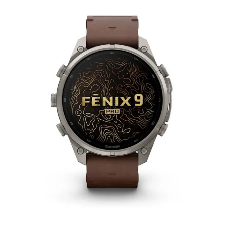 Garmin Fenix 9 Pro inReach AMOLED, 47mm, harmaa titaani ja pähkinänruskea nahkaranneke, älykello 010-04336-41