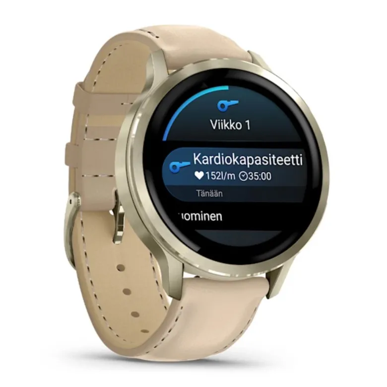 Garmin Venu 4, vaalea kulta ja hiekanvärinen nahkaranneke, 41 mm, Amoled GPS-älykello 010-03013-03