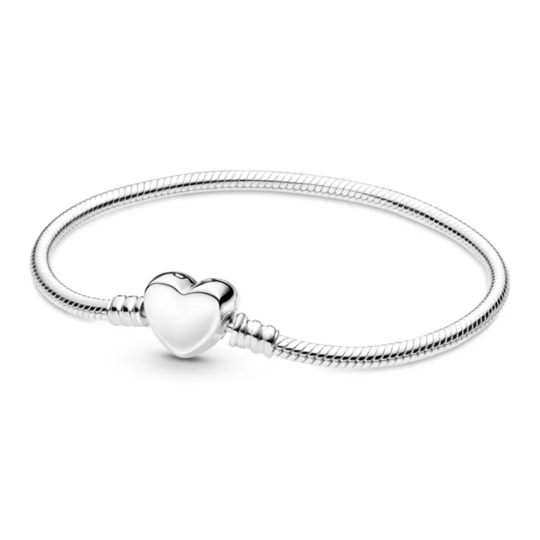 Pandora Moments Engravable Heart Clasp Snake Chain rannekoru, hopea, 599206C00