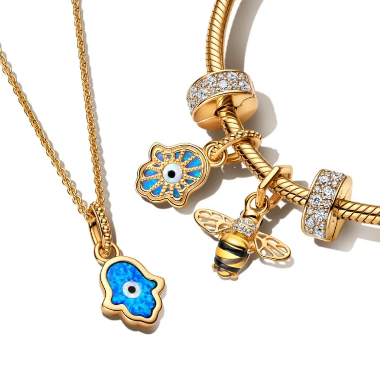 Pandora Moments Opalescent Blue Hamsa Hand hela, keltakullattu, 762699C01